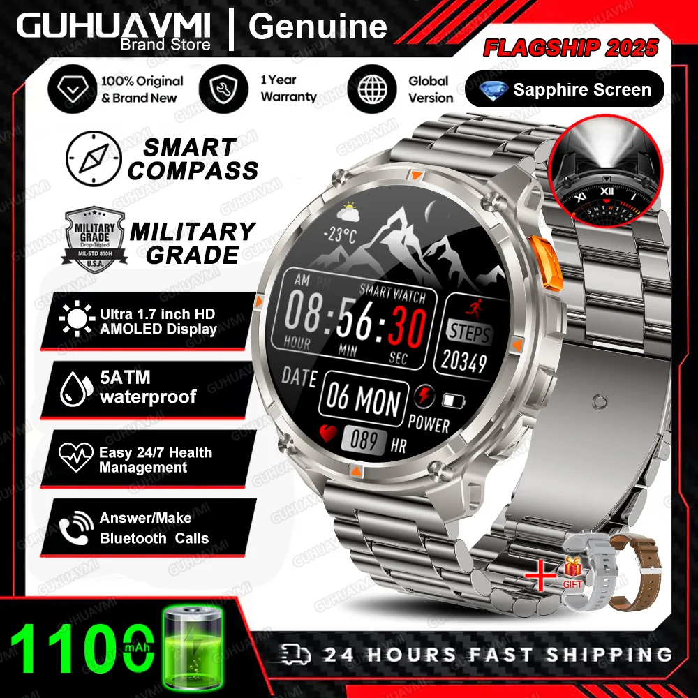 Nieuwe T-REX3 Ultra 1100mAh Batterij SmartWatch 10ATM Waterdichte GPS Kompas Zaklamp 1.7 "AMOLED HD Oproep Sport Smart horloge Mannen