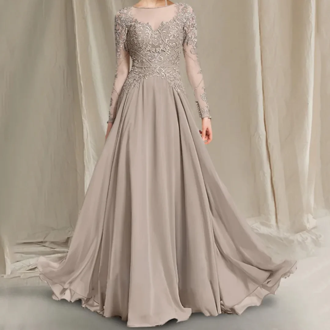 

Charming O Neck Beading Chiffon A Line Summer Mother Of The Bride Dress Long Sleeves Lace Wedding Guest Dresses Customized