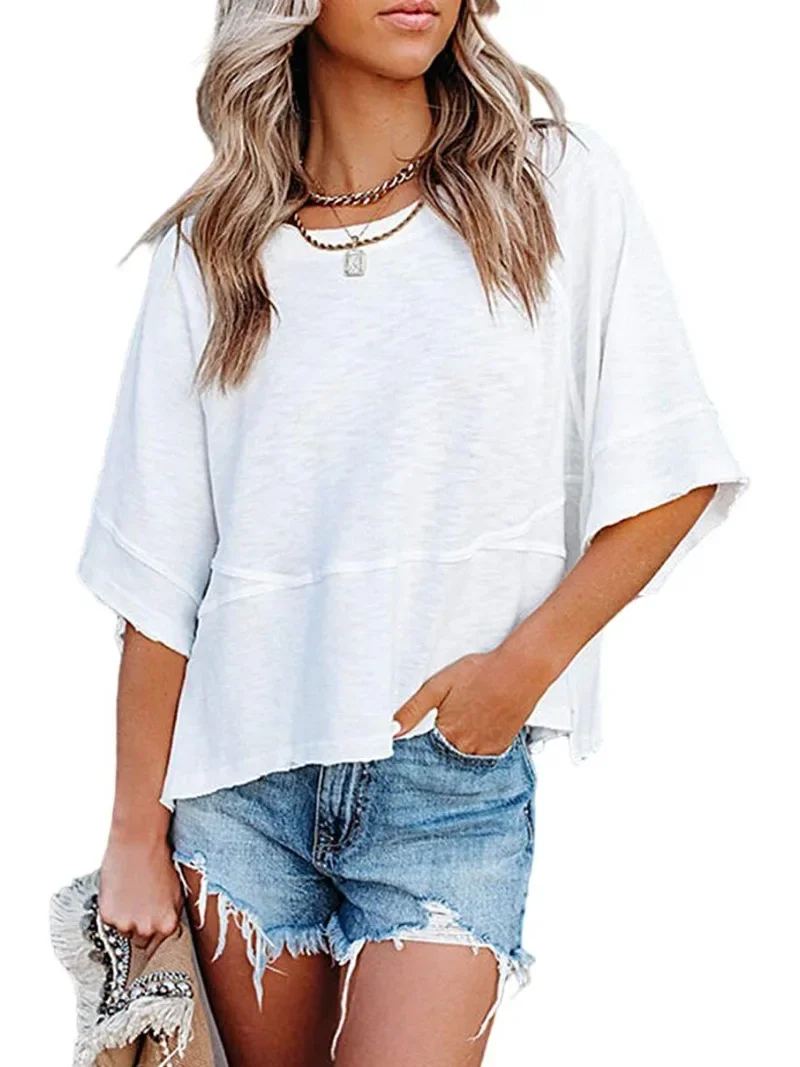 New Summer Women\'s Fashion Patchwork Solid Color Flared Sleeves Casual Loose T-shirt Top Women\'s Clothing