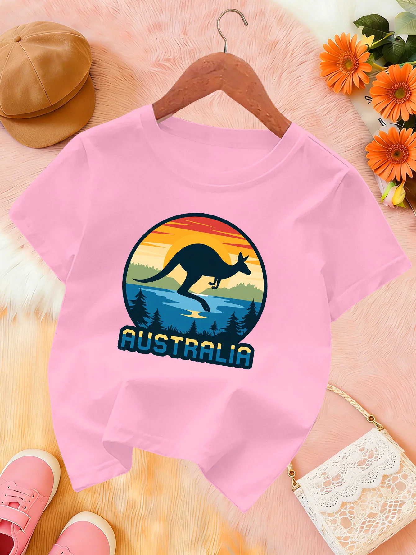 Retro Kangaroo Sunset Australia Landscape Print Kids Tee Boys Girls Cotton Summer Soft Casual Unisex Kids Short Sleeve Shirts