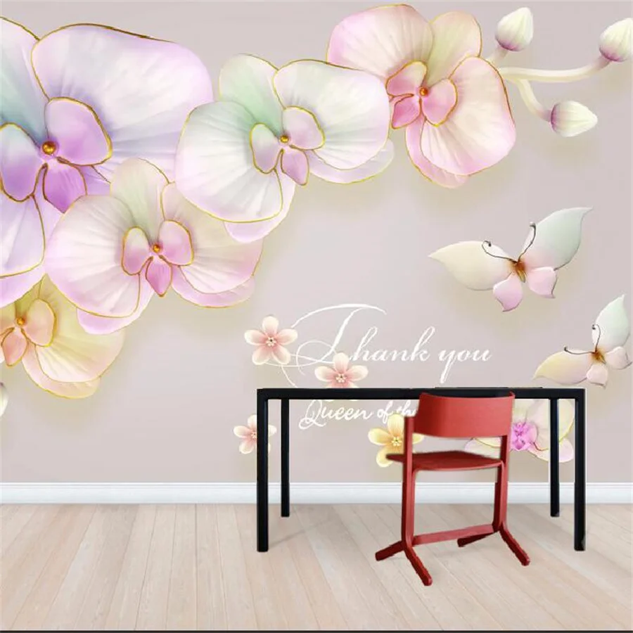 Customized fresh wallpaper, 3D relief butterfly orchid mural minimalist European style TV background wall living room decoration