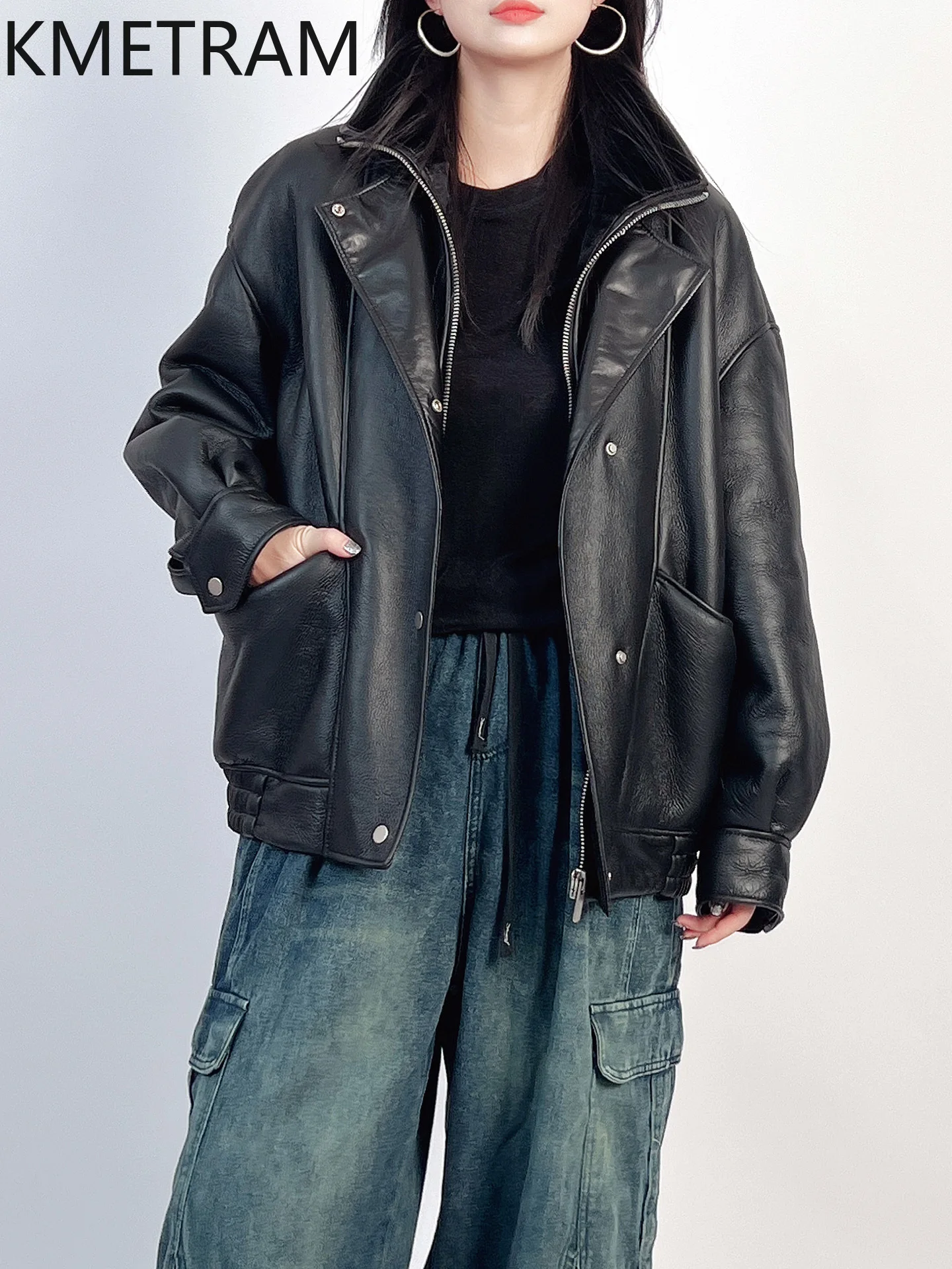 KMETRAM جلد الغنم ميرينو الطبيعي مع معطف مرفق من الصوف الأسود للدراجات النارية سترة من الفرو الحقيقي ملابس نسائية معاطف شتوية نسائية #3