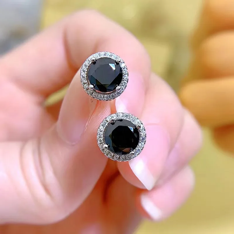 925 Sterling Silver 0.5-1 Carat Moissanite Black Round Bag Earrings Fashion Trend Temperament Design Light Luxury Niche Women