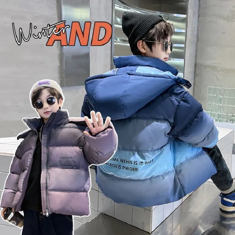 

Winter Windproof Warm Boys Contrast Alphabet Cotton Lined Full Zip Puff Jackets School Kids Parka Child Coats Outfit Tops 7-16Yr