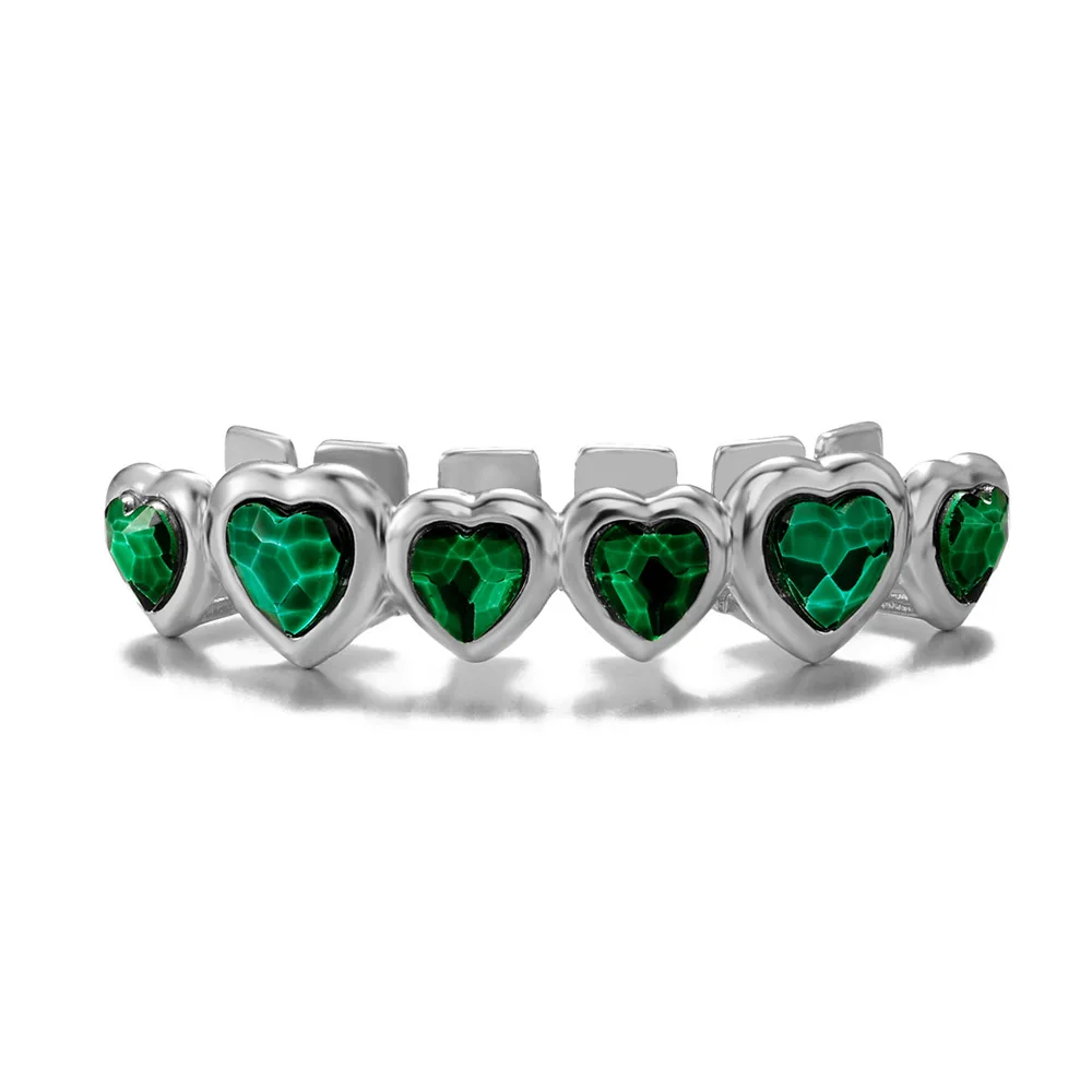 Hip Hop Teeth Heart-Shaped Grillz Fashion Green CZ Stone Iced Out Charm Grills Dental Mouth Punk Teeth Charm Jewelry Gift