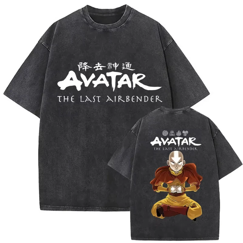 تي شيرت كلاسيكي مغسول الصورة الرمزية آخر Airbender جرافيك طباعة تي شيرت الرجال النساء جودة عالية Harajuku الصيف 100% القطن قمم تي شيرت