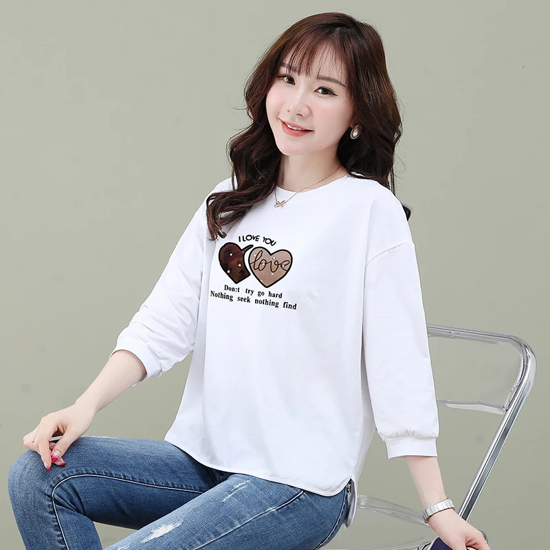 

2025 new plus size middle-aged women's pure cotton 7-quarter sleeve T-shirt summer loose casual and fashionable versatile top