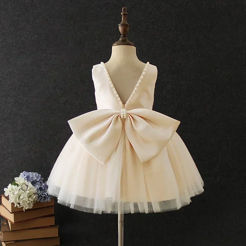 New Girls Princess Dress Backless Beading Big Bow Girls Wedding Dress 1st Birthday Baptism Gown 1-5 Years Kids Clothes