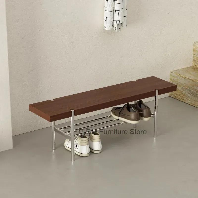 Simple Top Shoe Bench Polished Metal Frame Slatted Shoe Storage Rack Solid Wood Entryway Shoe Changing Stool for Home Organizer