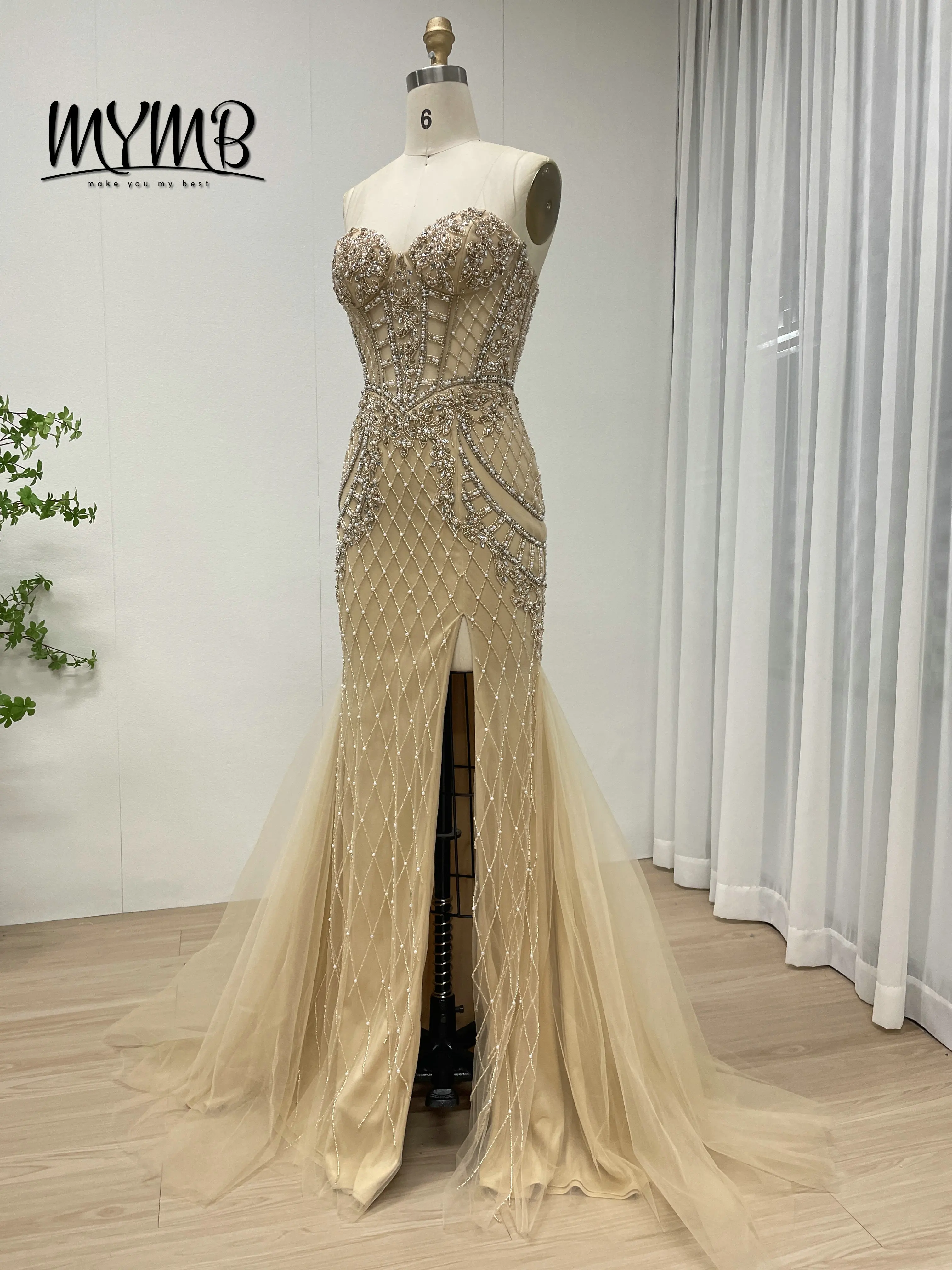 MYMB Impresionante vestido de noche sin mangas color champán dorado con entramado y cuentas de cristal corte sirena tren de tul transparente para graduación MB40406