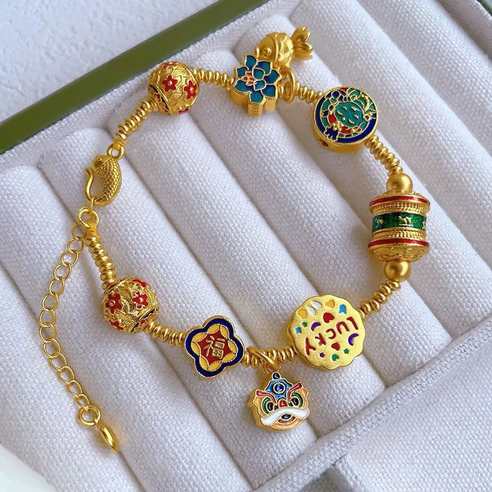 Antique Sand Gold Enamel Fu Lion Bracelet Wealth Attracting Handmade Chinese Style Traditional Jewelry Guochao Gift for Women