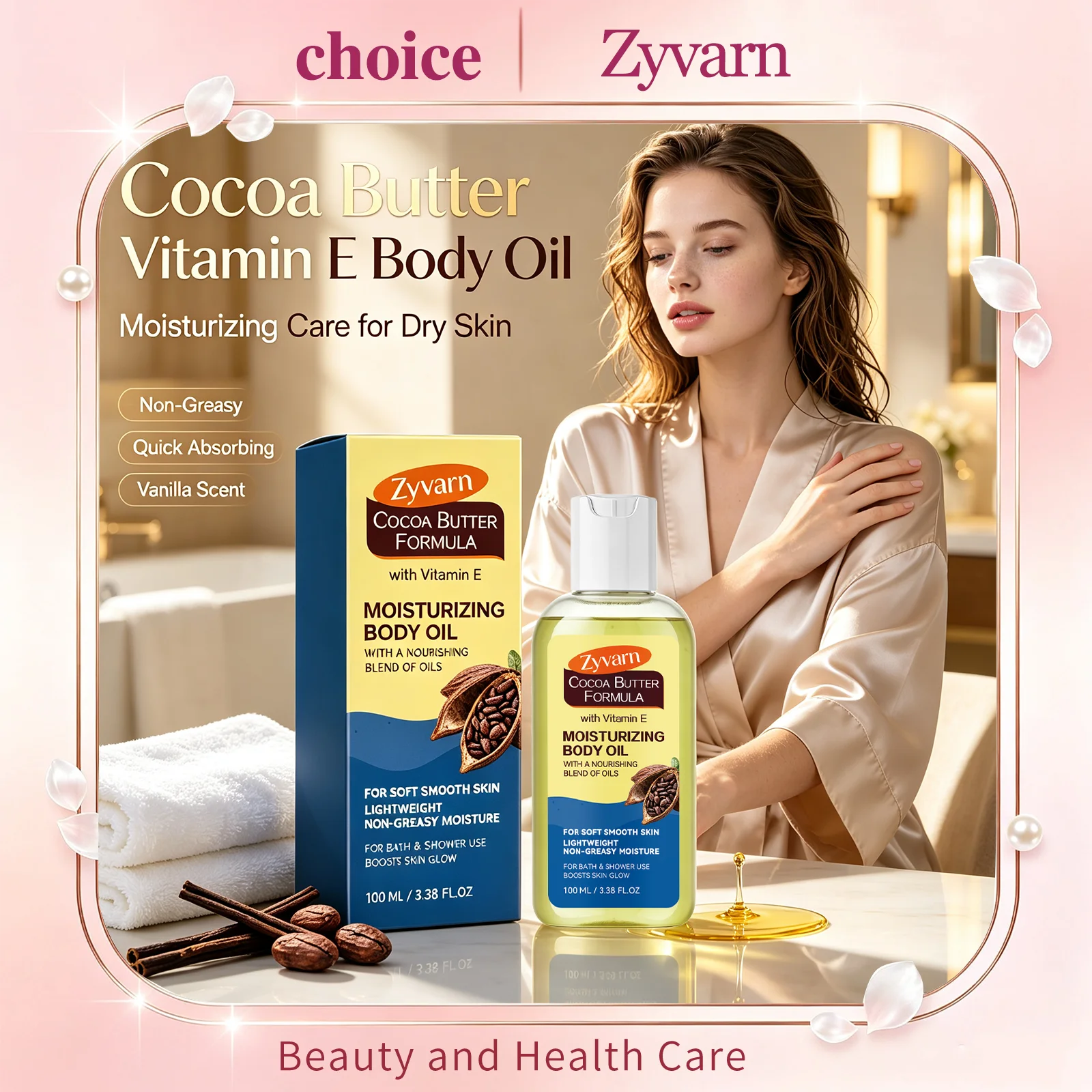 Zyvarn Cocoa Butter Vitamin E Body Oil Moisturize Nourishing Dry Skin Glow Lightweight Smooth Radiance Whole Body Skin Care Oil