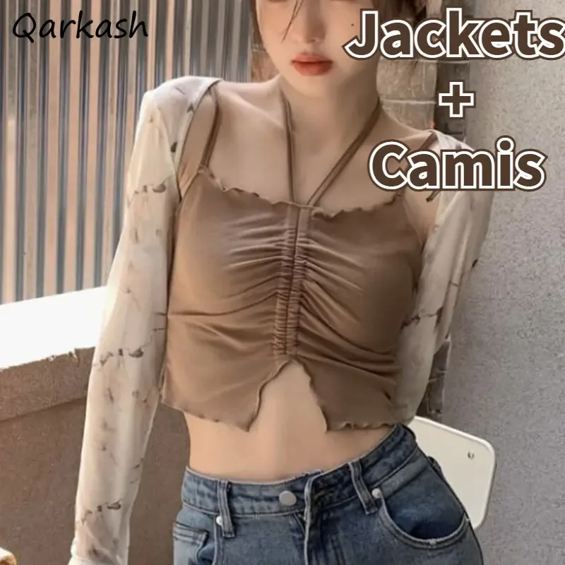 

Женские комплекты, сексуальные укороченные топы с лямкой на шее, майки с принтом тай-дай, солнцезащитные куртки, прозрачная винтажная летняя уличная одежда, нежная одежда для молодых людей, новинка