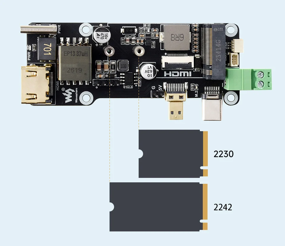 raspberry-pi-5用pcie-to-m2多機能アダプター（e）、4k出力、オンボードpoe電源供給およびpcie-to-m2インターフェース回路