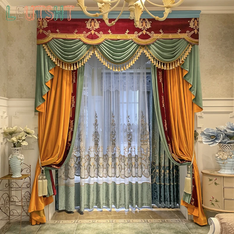 

European Style Velvet Embroidered Living Room and Bedroom Blackout Custom Villa Curtains High-end Embroidered Tulle Curtains
