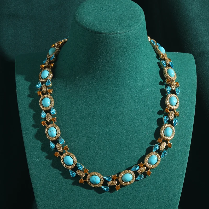 Ancient Egyptian Blue and White Stone Collar Torquse Egg Shaped Antique Jewelry Oval Chokers Necklace Women Vintage Accessories