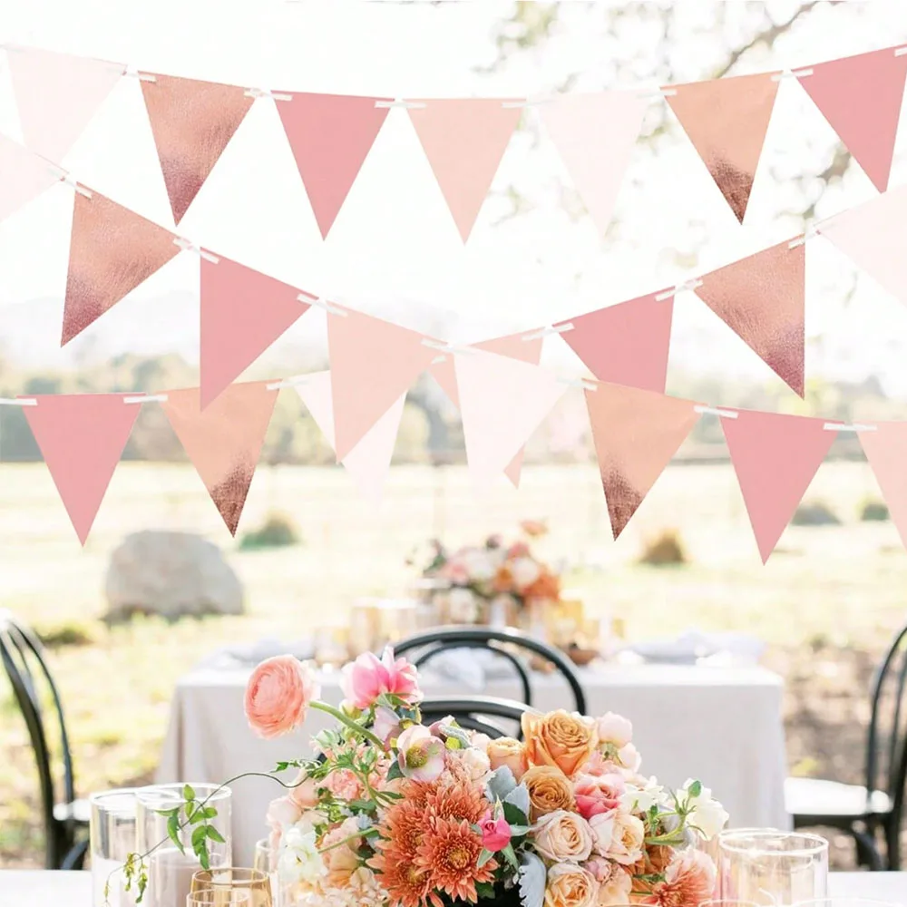 Roségoldene Dreieckige Papierwimpel-Girlande, Hochzeit, Geburtstag, Jubiläum, Brautparty, Innen- & Außen-Gartenparty-Dekoration – Detail 2