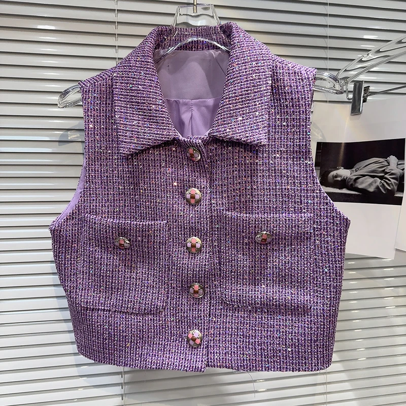 ภาษาฝรั่งเศสคํา Single-breasted Sequined ทอสั้นเสื้อกั๊กผู้หญิงเพชร-encrusted กางเกงขาสั้น 2 ชิ้นชุดอารมณ์ Socialite Party ชุด