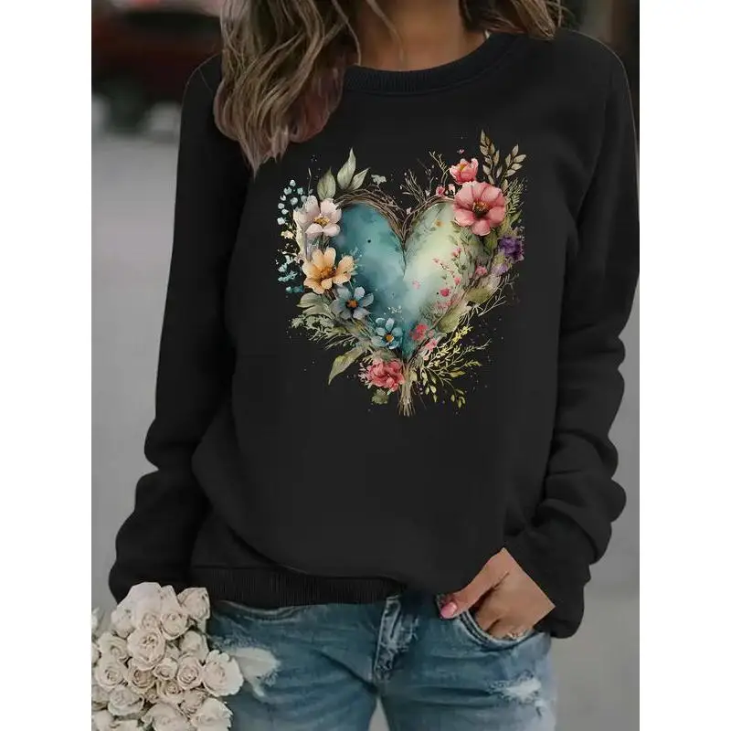 

Women's Watercolor Heart Sweatshirt Floral Bloom Graphic Pullover Artistic Nature Lover Cozy Top Valentine's Day Gift