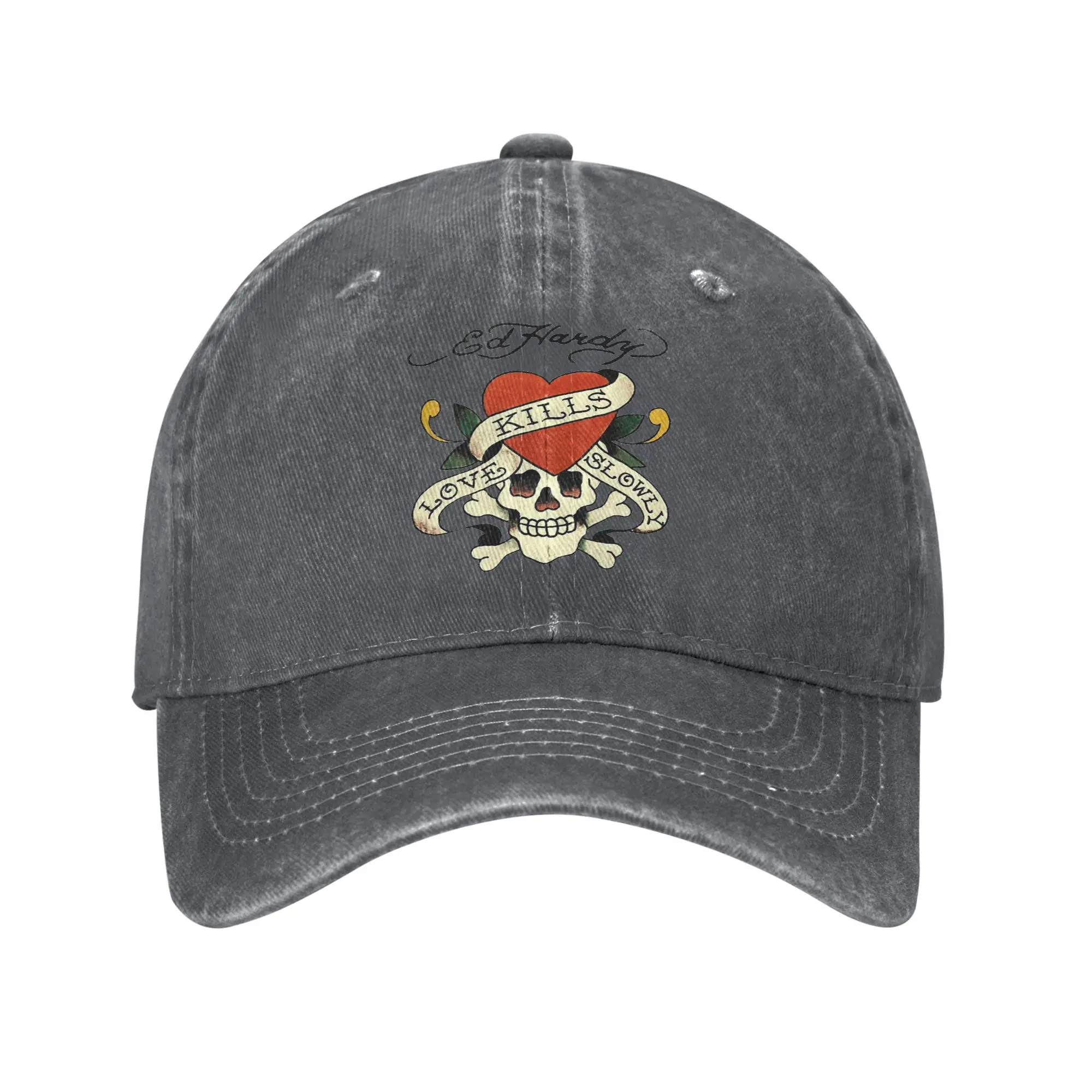 Boné de Beisebol Casual Unissex Ajustável de Verão em Jeans Lavado com Estampa Ed Hardy Love Kills Slowly