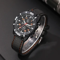 FashionBlack Leather Quartz Watch For Men Personality Round Watch Dial Watch Bracelet Set