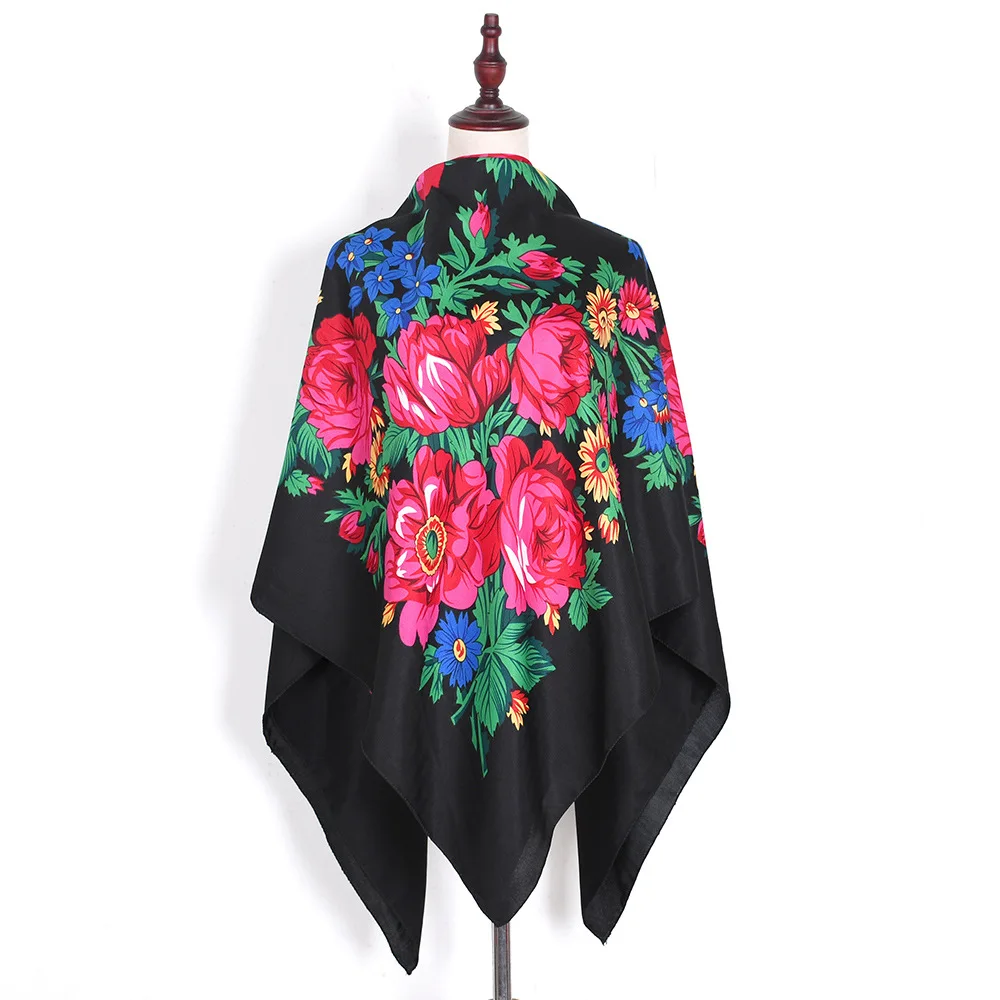 

140*140cm Russian Scarf Big Shawl Women Luxury Floral Print Square Bandana Scarves Traditional Ukrainian Babushka Head Wraps