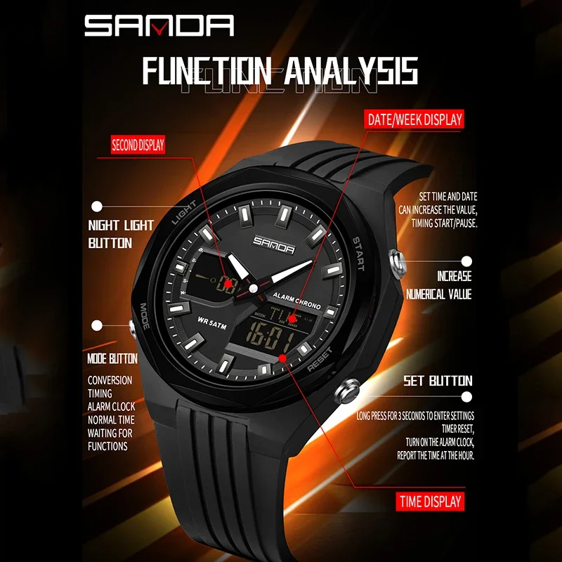 SANDA 새로운 LED 디지털 시계 남자 스포츠 빛나는 다기능 방수 여성 손목 시계 야외 실행 학생 알람 시계