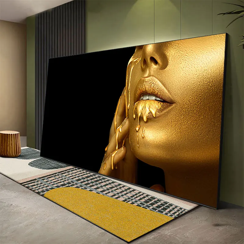 Large Size Black Women with Golden Sexy Lips Oil Paintings on Canvas Modern Wall Cuadros Pictures Home Living Roon Decor Unframe