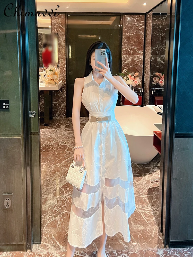 

New Elegant Goddess Style Sleeveless Cold-Shoulder Shirt Dress for Women Summer New Fashion High Lady White Mid-length Dress