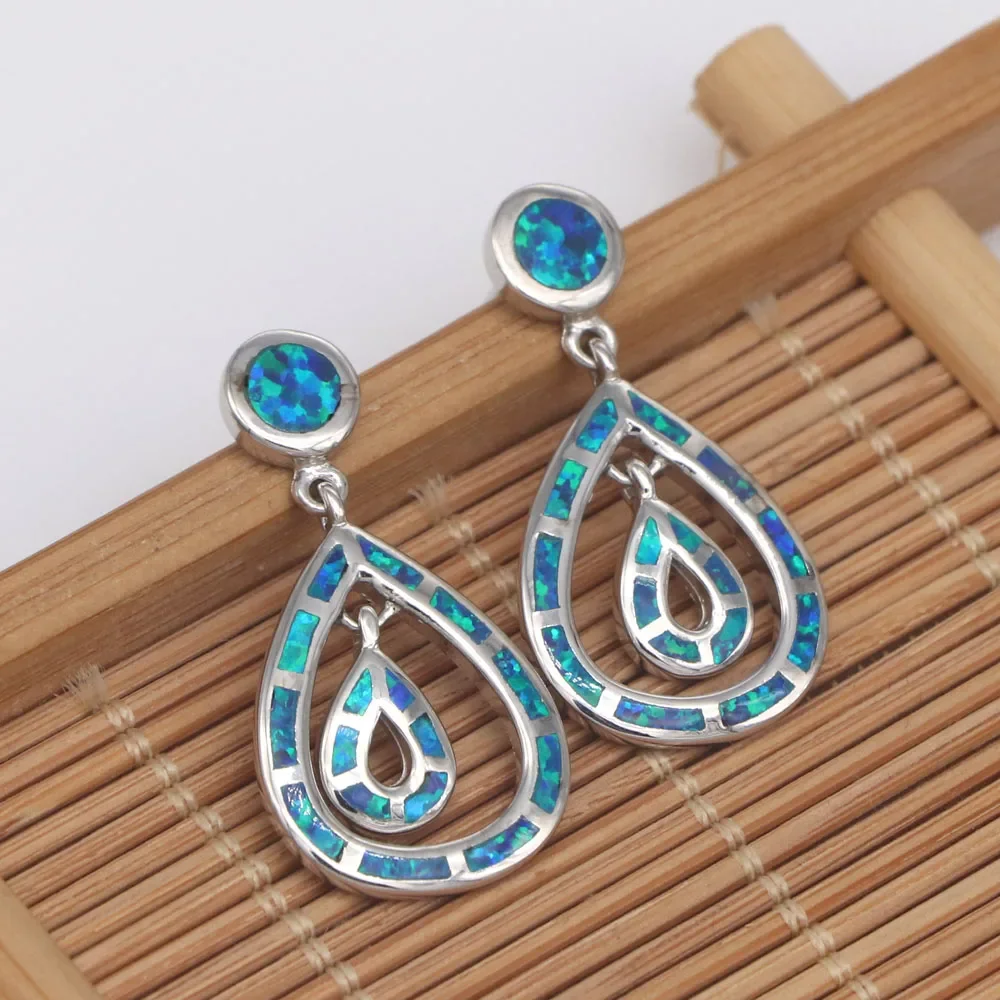 JLE1097 New Elegant Double Water Drops Blue Fire Opal Earrings Sterling Silver 925 Silver Ladies Earrings  Fashion