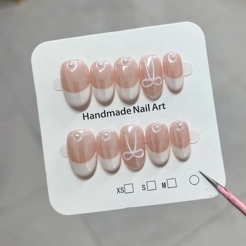 Simple French White Pink Bow Pearls Cute Press on Nails Handmade Reusable Adhesive False Nails Fake Nails Set with Box and Tools