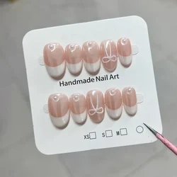 Simple French White Pink Bow Pearls Cute Press on Nails Handmade Reusable Adhesive False Nails Fake Nails Set with Box and Tools