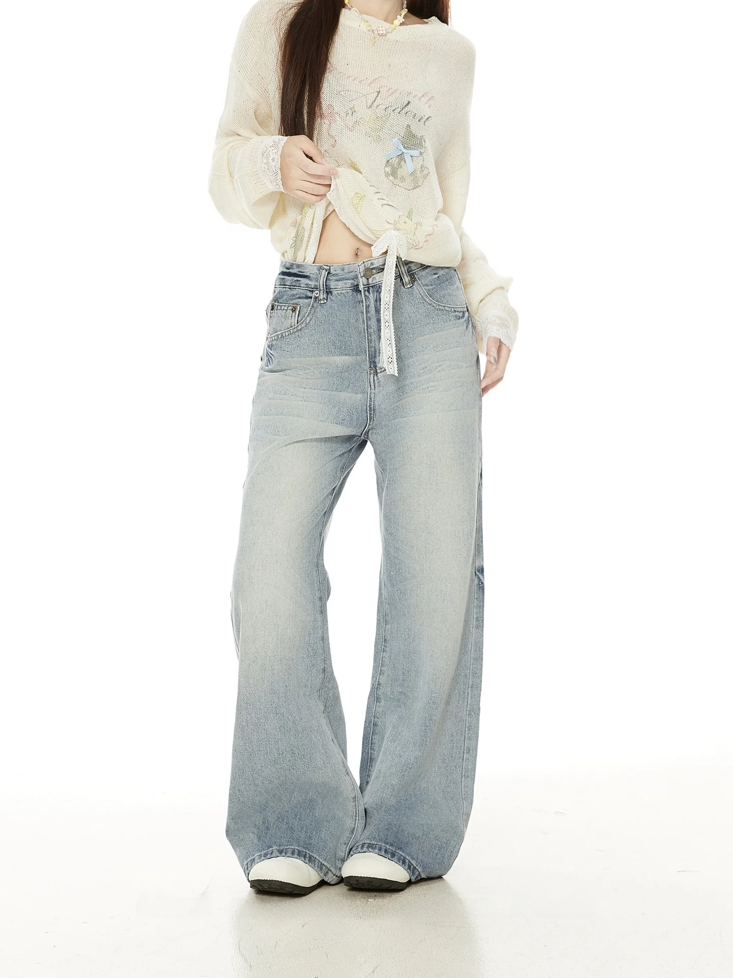 Washed Light Blue Denim Jeans Women Loose Straight Leg Pants Draped Lazy Feel Trendy High Street American Style Casual Jeans