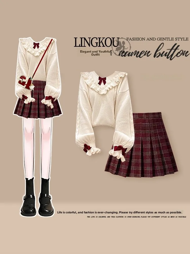 

Large Size Autumn Preppy Sle Knitted Sweater And Plaid Skirt Set Women's Anti-Aging Korean Faion Slimming High Waist or...