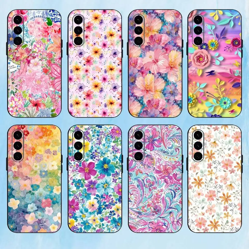 

C-Colorful Flower Phone Case For Samsung Galaxy A73,A72,A71,A70,A53,A52,A51,Others Soft Black Cover