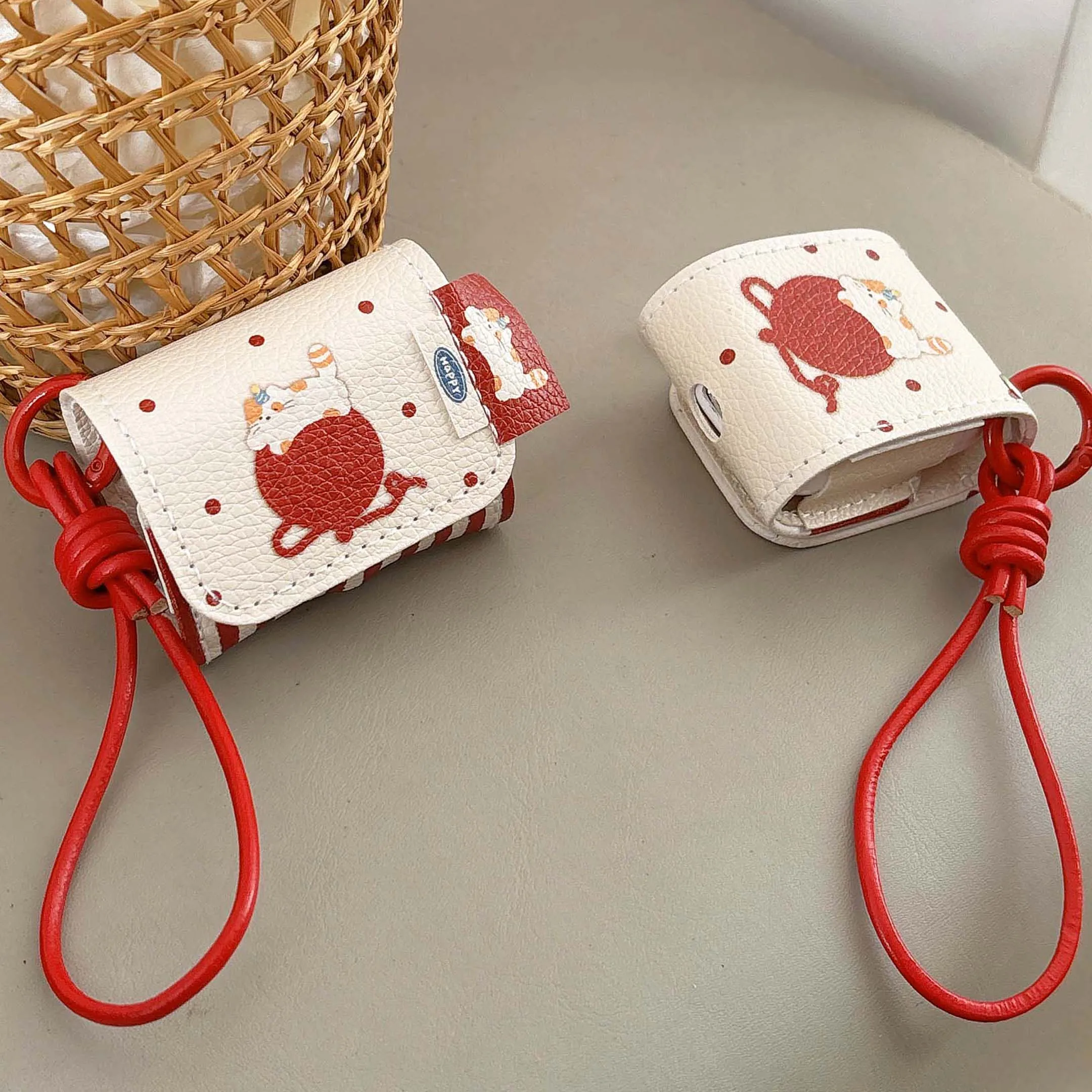 Leather earphone case for apple airpods 3 2 1 pro 2nd 4 wireless bluetooth charging box red pendant cute cat cartoon cover