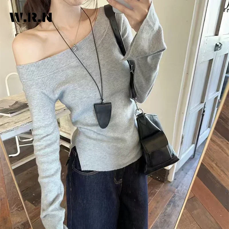 2025 Spring Hotsweet Casual One Shoulder Knitting Long Sleeve T-Shirts Women Coquette Solid Color Sheath Ladies Sexy Tees Tops