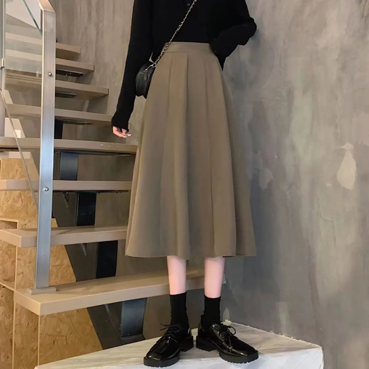 

2022 New High Waist Skirt Autumn and Winter Casual Wide Leg Skirt Mid-length Solid Color Elastic Waist A-line Skirt