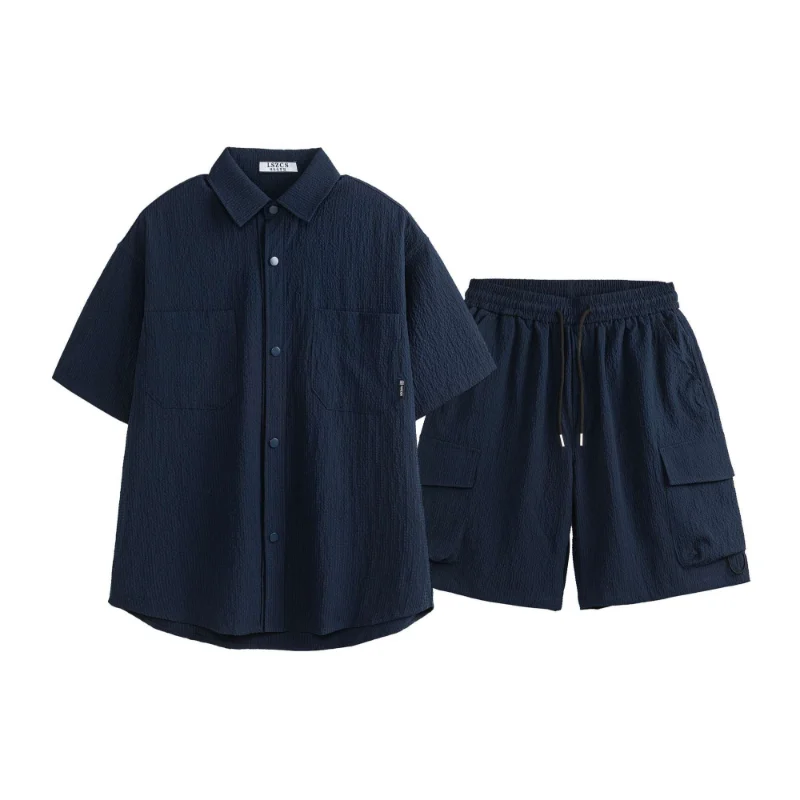 

Summer Handsome Workwear Mens Fashion Suit Versatile Fashionable High-end Seersucker Shirt Short-sleeved Shorts Trendy