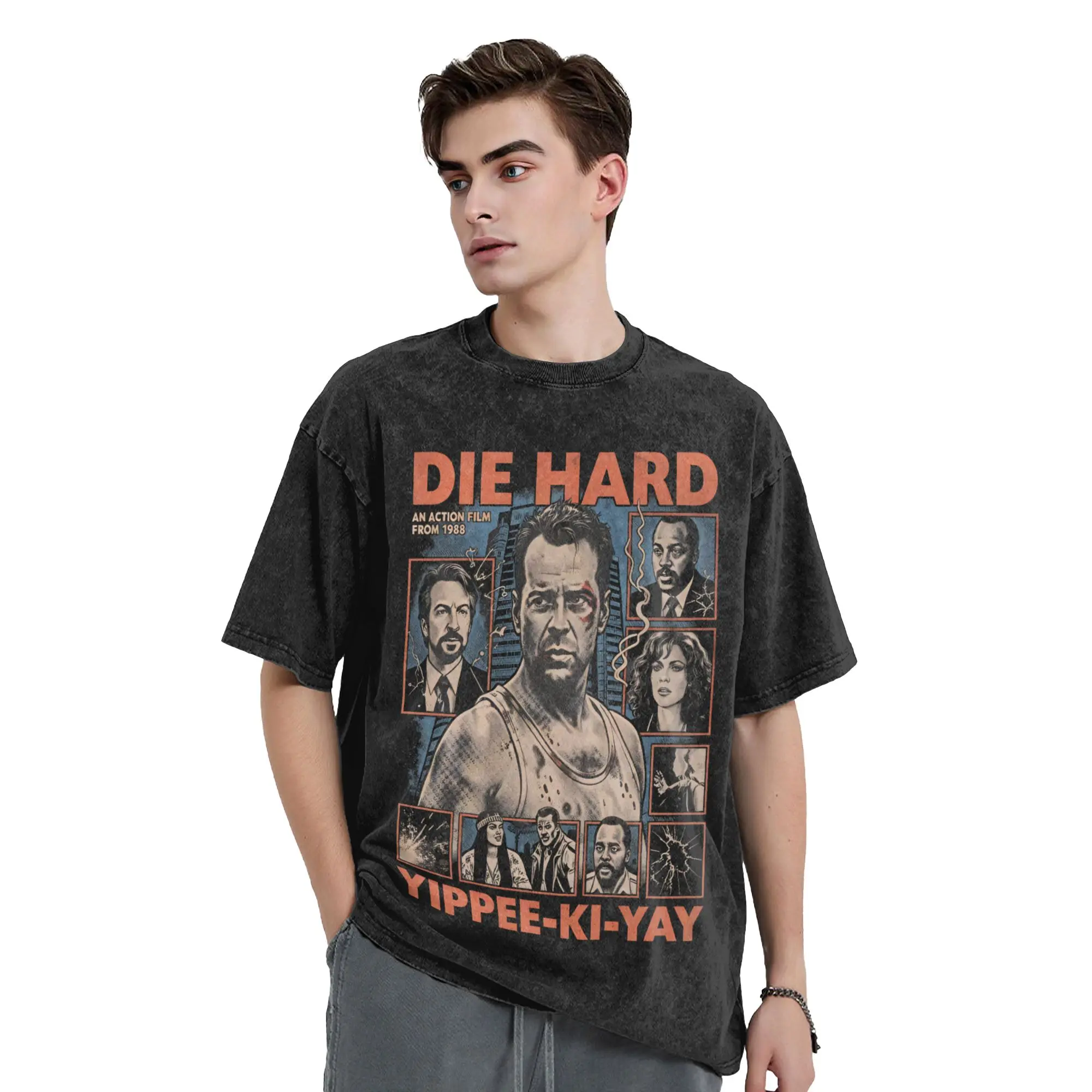 Novelty YIPPEE KI YAY  T-Shirt for Men Round Collar Cotton Washed T Shirt Die Hard Short Sleeve Tee Shirt New Arrival Clothing