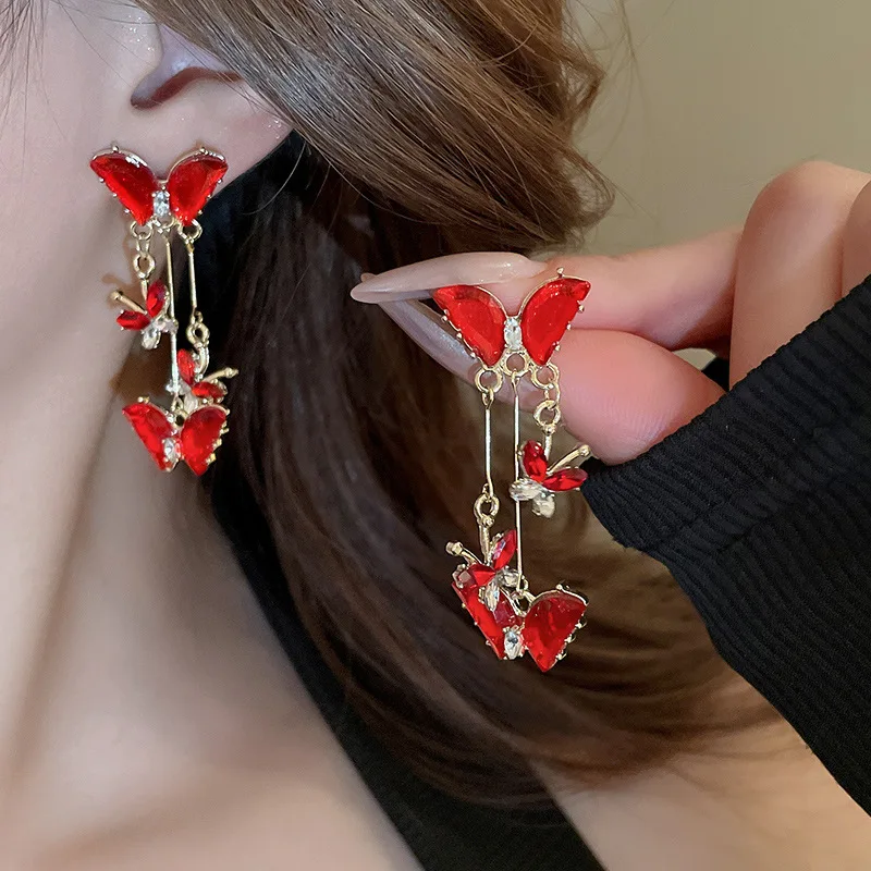 Red Butterfly Flower Rhinestones Long Tassel Dangle Earrings for Women Temperament Vintage Earring Fashion Jewelry Accessories