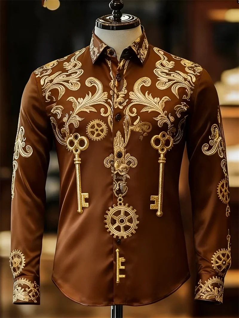 Men Turn‑down Collar Long Shirt Luxury Retro Golden Key Gear Ornate Graphic Print Button‑front Fashion Evening Male Blouse