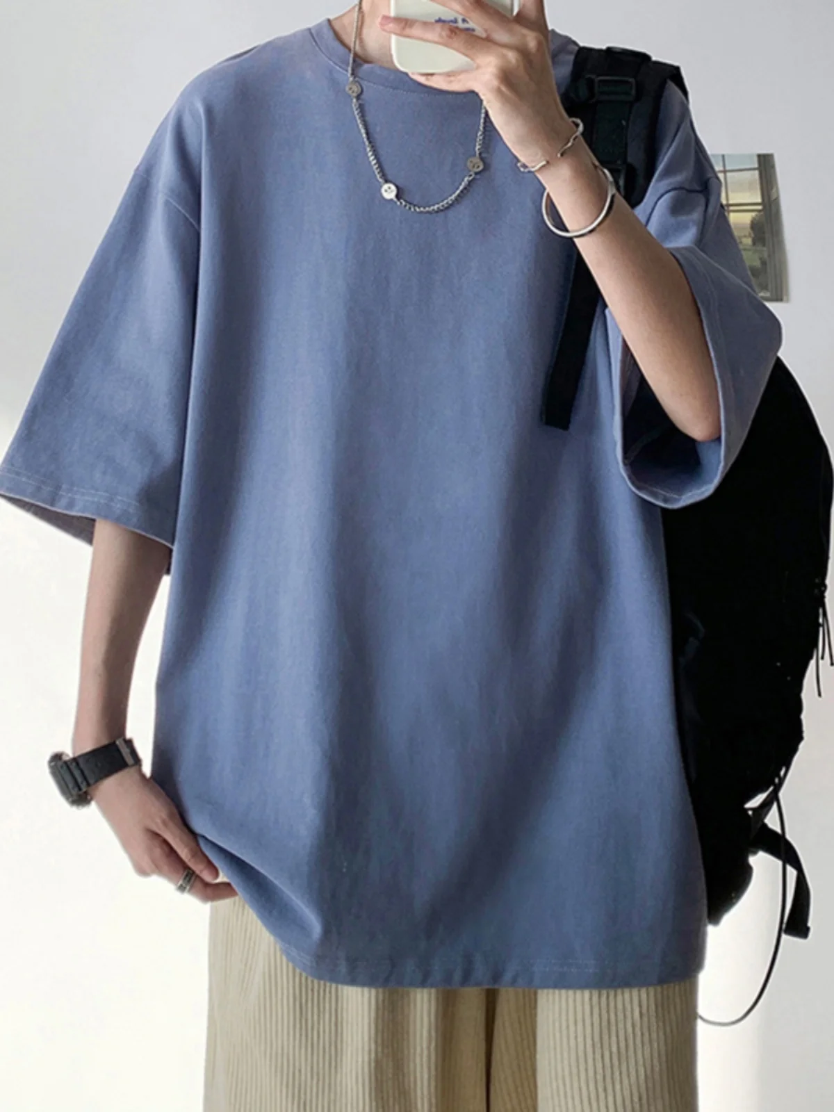 تي شيرت بأكمام قصيرة من القطن الخالص باللون الأسود الخالص للرجال كقاعدة، تي شيرت فضفاض للزوجين من القطن الخالص بلون سادة طوال الموسم #6