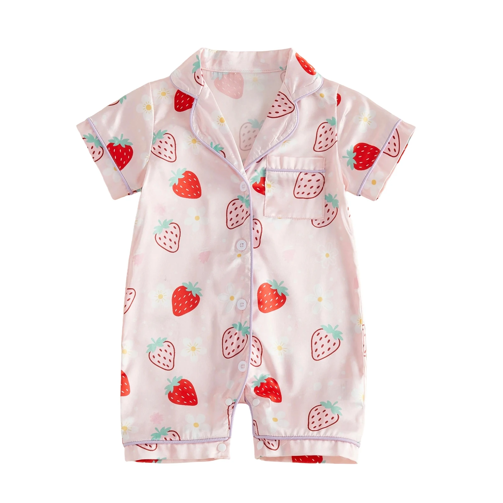 Baby Girls Satin Footless Pajamas Fashionable Strawberry Printed Short Sleeve Button Down Romper