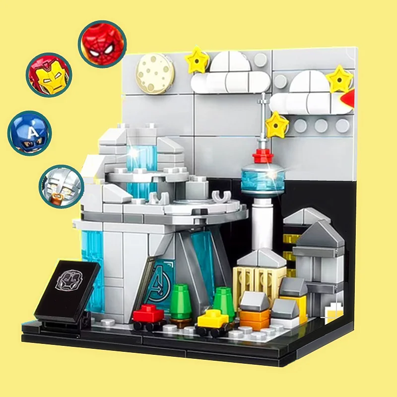 Miniso Marvel Ironmans Avengers Tower Base Display Thor Spiderman Figure Heroes Model Building Block Brick Toy Gift Set