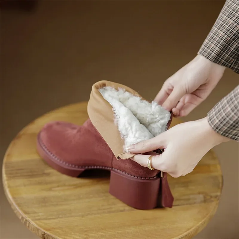 New Winter Ankle Boots Round Toe Boots Cow Suede Women Shoes Chunky Heels Shoes for Women Thermal Wool Boots Platform Shoes