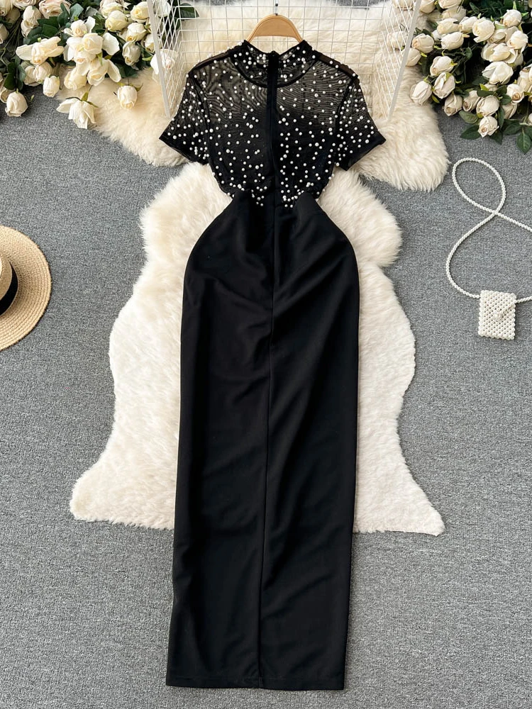 

Women Vintage Black Dress Summer Short Sleeve Fashion Nail Bead Elegant Evening Party Dresses Ladies Casual Long Robe Vestidos