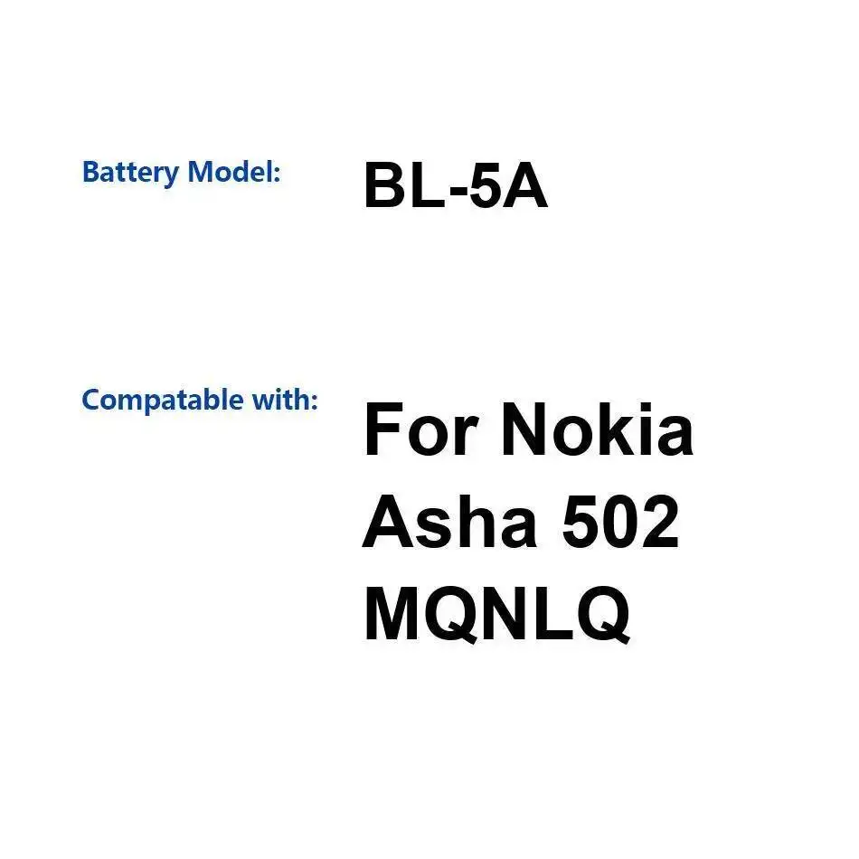 

BL-5A для Nokia Asha 502 Mqnlq аккумулятор для мобильного телефона с быстрой зарядкой 800 мАч