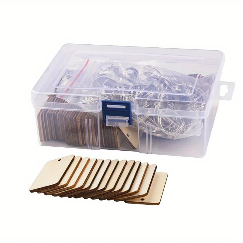 1 Box/300pcs Rectangular Cut Wood Slice Keychain Wooden Tag, for DIY Wooden Tag Material Key Pendant Making Accessories