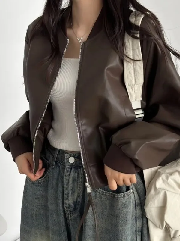 Koreańska kurtka skórzana z podwójnym zamkiem błyskawicznym, damska, wyszczuplająca, uniwersalna, długa bluza na jesień i zimę.